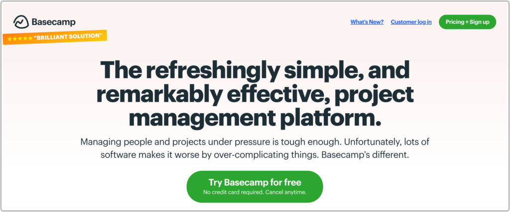SAAS industry website hero section example from Basecamp