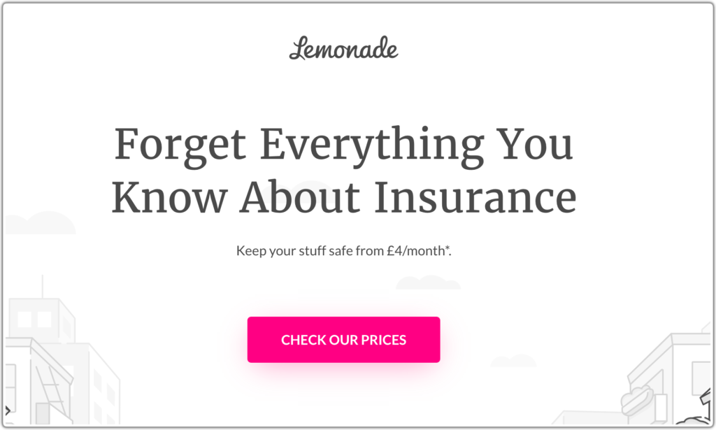 Service providers website hero section example from Lemonade Insurance