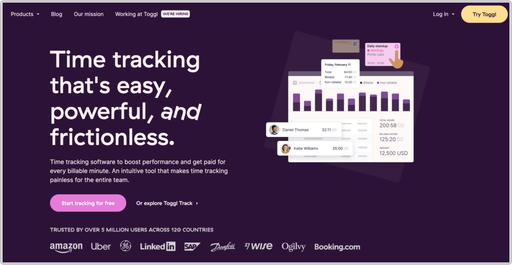 SAAS industry website hero section example from Toggl