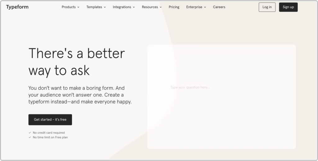 Hero section website example for the Typeform Website