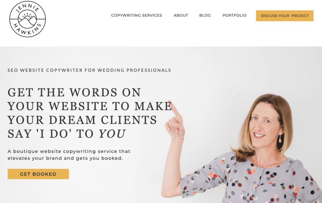 Hero section for Jennie Hawkins, wedding industry website copywriter